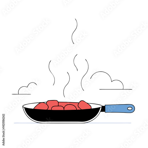 Sizzling savory meat cubes cooking in a simple black pan with a light blue handle, releasing fragrant steam against a minimalist white background.