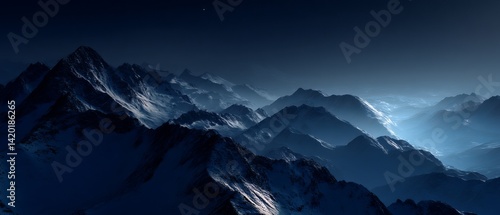 Majestic mountain range under a serene night sky, showcasing shades of blue and gray.