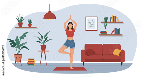 Flat style vector illustration of a young woman practicing the yoga pose in her cozy living room