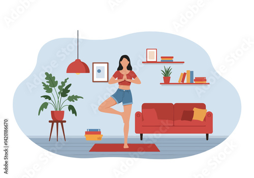 Flat style vector illustration of a young woman practicing the yoga pose in her cozy living room
