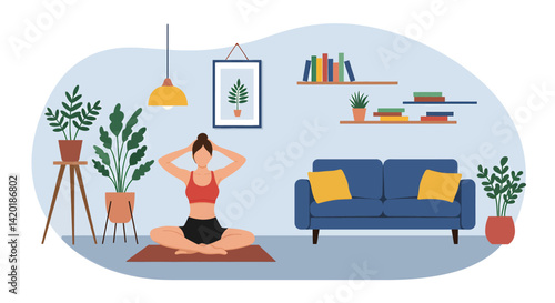 Flat style vector illustration of a young woman practicing the yoga pose in her cozy living room