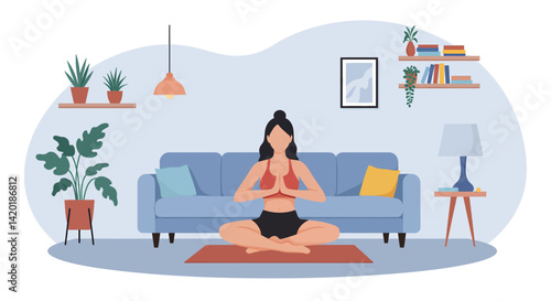 Flat style vector illustration of a young woman practicing the yoga pose in her cozy living room