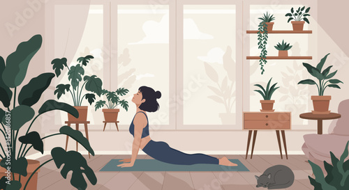 Flat style vector illustration of a young woman practicing yoga pose in a bright, plant-filled home studio