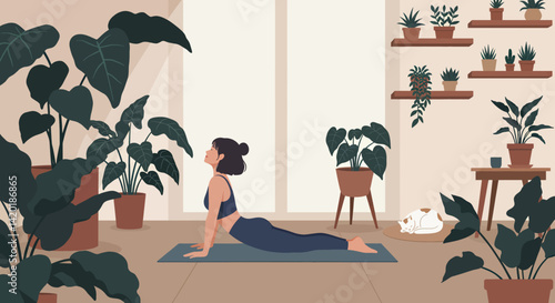 Flat style vector illustration of a young woman practicing yoga pose in a bright, plant-filled home studio
