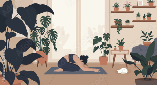 Flat style vector illustration of a young woman practicing yoga pose in a bright, plant-filled home studio