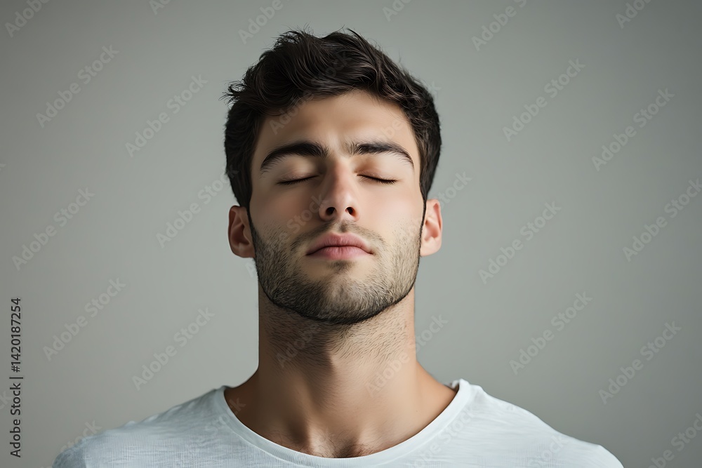A concentrated man practices deep breathing with closed eyes, embodying mindfulness and inner tranquility against a neutral gray backdrop, revitalizing the spirit. A concentrated man practices deep breathing with closed eyes, embodying mindfulness and inner tranquility against a neutral gray backdrop, revitalizing the spirit.