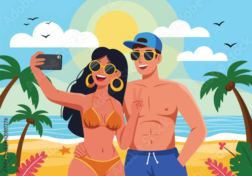 Flat style vector illustration of a happy couple taking a selfie on a sunny tropical beach during their summer holiday