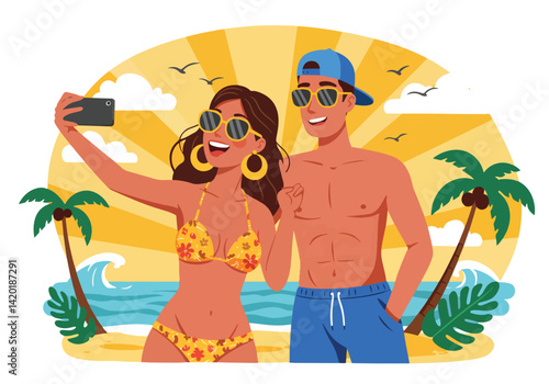 Flat style vector illustration of a happy couple taking a selfie on a sunny tropical beach during their summer holiday