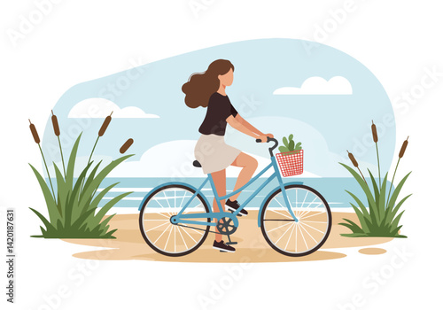 Flat style vector illustration of a woman enjoying a leisurely bicycle ride through a grassy, scenic landscape during her summer holiday