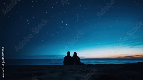 A couple is sitting on the beach at night, looking up at the stars