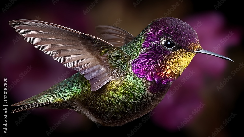 Obraz premium Iridescent Brilliance Hummingbird Portrait with Spreading Wing Feathers and Plumage Details.