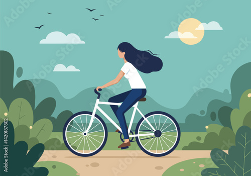 Flat style vector illustration of a woman enjoying a bicycle ride through a park landscape during her summer holiday
