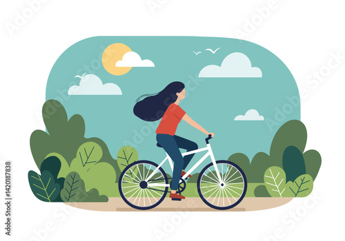 Flat style vector illustration of a woman enjoying a bicycle ride through a park landscape during her summer holiday