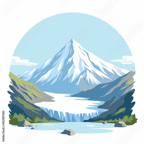 Majestic mountain with retreating glacier under clear blue sky, nature conservation