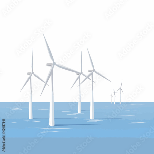 Wind turbines generating clean energy above gentle ocean waves, sustainability