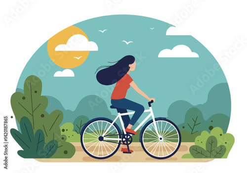 Flat style vector illustration of a woman enjoying a bicycle ride through a park landscape during her summer holiday