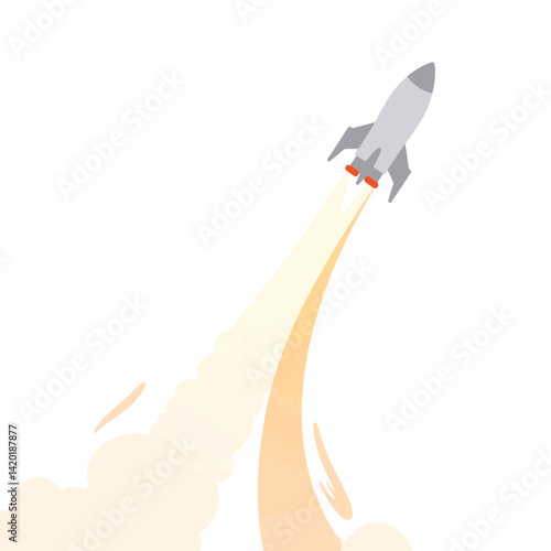 Sleek rocket launching with fiery trail against white background, exploration
