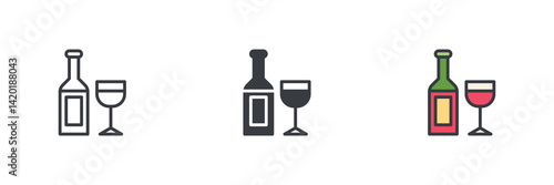 Wine bottle and a wine glass different style icon set