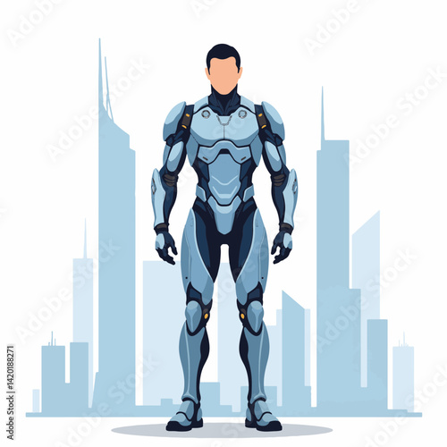 Futuristic man in exoskeleton suit against urban skyline, innovation
