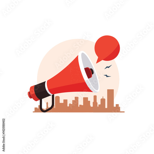 Bold megaphone emitting sound waves in abstract cityscape, communication