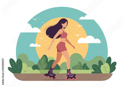  Flat style vector illustration of a young woman play inlineskates rollerblading during her summer holiday in a park