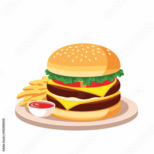 Classic cheeseburger with fries on white background, food illustration
