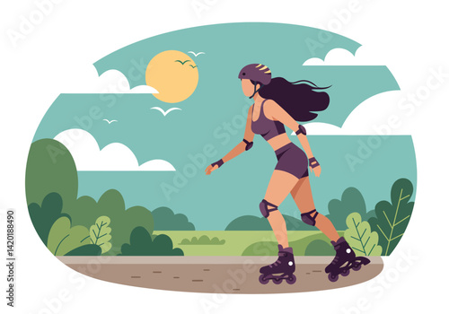  Flat style vector illustration of a young woman play inlineskates rollerblading during her summer holiday in a park