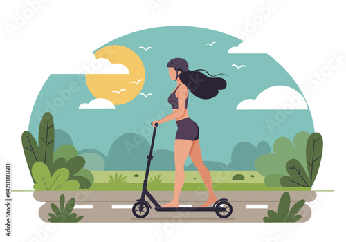 Flat style vector illustration of a young woman enjoying a summer holiday kick scooter ride in a park
