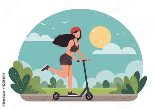Flat style vector illustration of a young woman enjoying a summer holiday kick scooter ride in a park