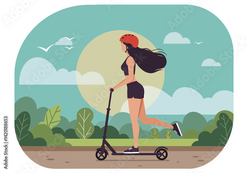 Flat style vector illustration of a young woman enjoying a summer holiday kick scooter ride in a park