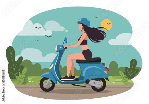 Flat style vector illustration of a girl enjoying a summer holiday scooter ride in a scenic landscape