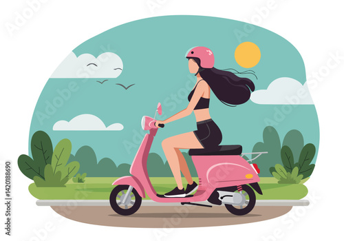 Flat style vector illustration of a girl enjoying a summer holiday scooter ride in a scenic landscape