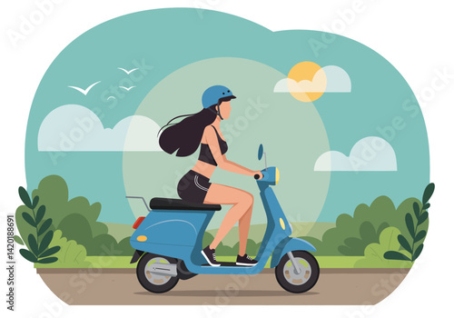 Flat style vector illustration of a girl enjoying a summer holiday scooter ride in a scenic landscape