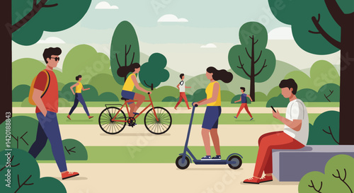 Flat style vector illustration of a vibrant summer holiday park scene with people enjoying various outdoor activities