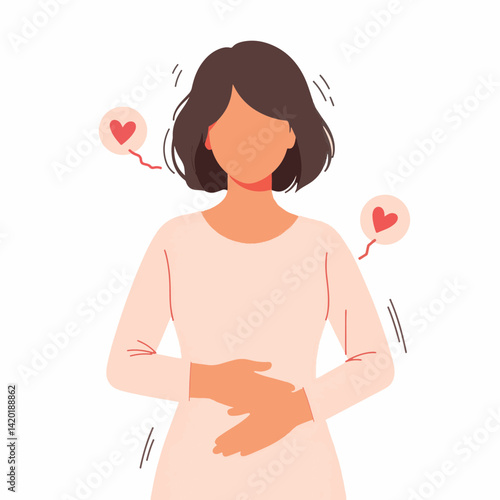 Woman expressing discomfort while holding her stomach, inner unease