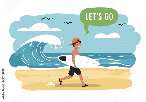 Flat style vector illustration of a man running towards a large wave with his surfboard, exclaiming for summer holiday surfing fun