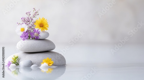 Stacked Stones Wildflowers Serene Minimalist Style High-resolution Soft Lighting Close-up Still Life Tranquil Arrangement Neutral Background Calm Peaceful Mood Wellness Website Design