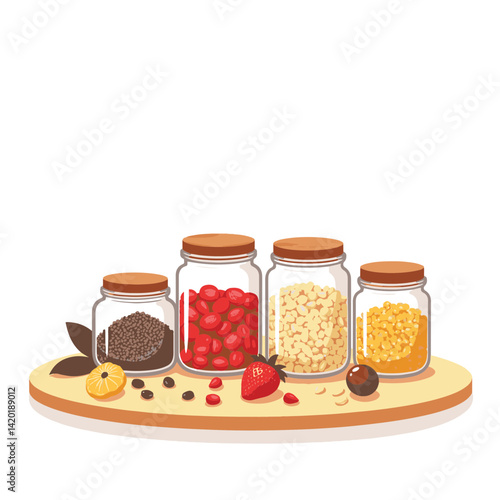 Colorful superfood jars on wooden surface, healthy lifestyle concept