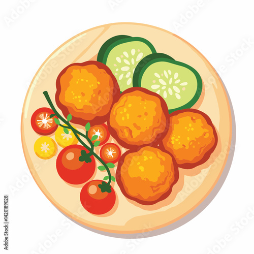 Crispy falafel balls with fresh vegetables on wooden board, healthy eating