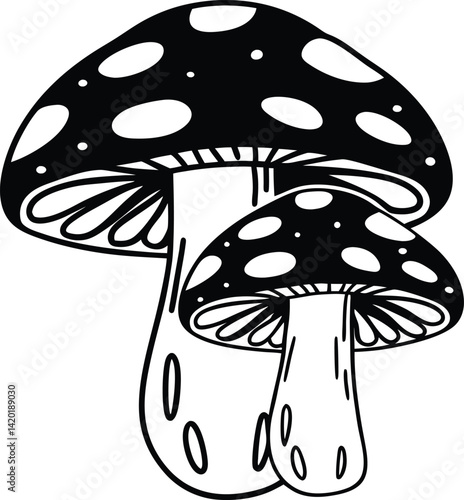 Artistic Black-and-White Illustration of a Mushroom with Leaf Design