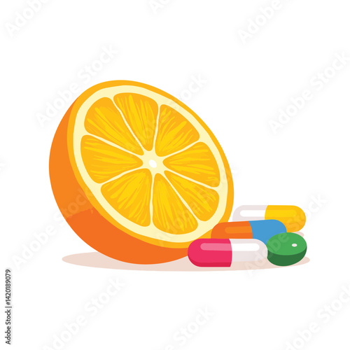 Vibrant orange slice alongside vitamin capsules, health and nutrition
