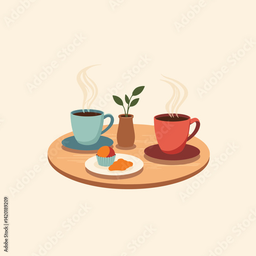 Cozy coffee moment with dessert on wooden table, warmth and comfort