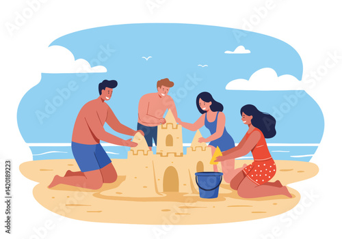 Enjoying summer holiday fun: A group of friends building a sandcastle together on a sunny beach