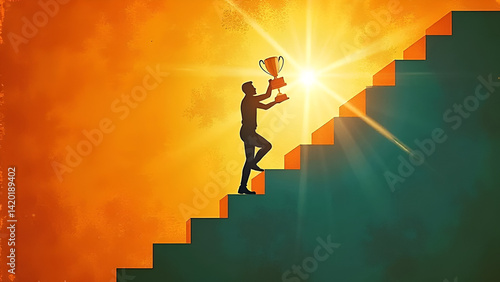 Paper Human Climbing Stairs Toward Trophy – Symbol of Business Success and Career Achievement
