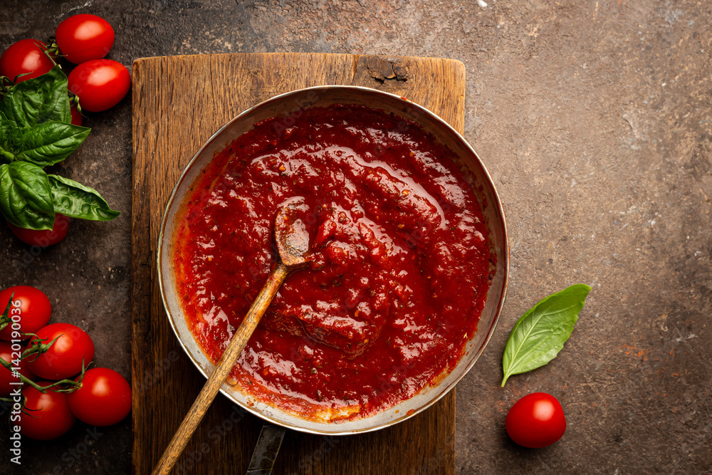 Classic homemade Italian tomato sauce with basil for pasta and pizza in the pan on a wooden chopping board on brown background, top view.