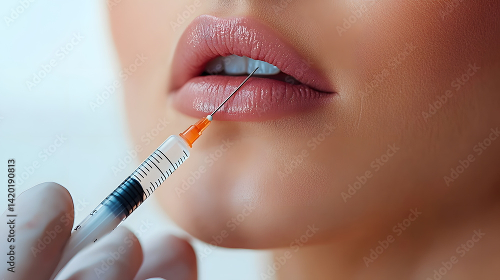 Lip fillers are one of the most popular types of dermal filler close up needle and syringe injecting on woman lip Lip fillers are one of the most popular types of dermal filler close up needle and syringe injecting on woman lip