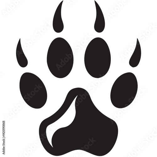 A bold black paw print, a symbol of wildness and adventure, dramatically rendered in a stark, graphic style.