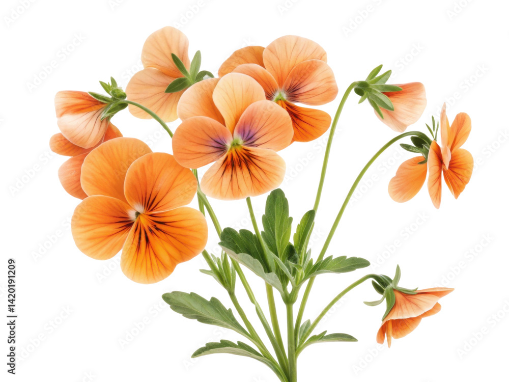 Fototapeta premium Beautiful pansy flowers bloom in vibrant orange hues, showcasing delicate petals and lush green leaves that bring joy to any garden