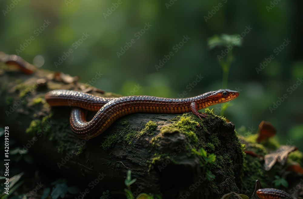 Obraz premium A European slowworm slithering across a rotting log in dense green woods Generative AI