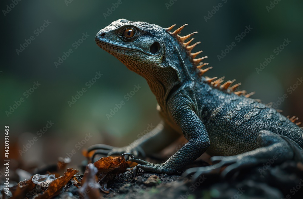 A forest dragon (gonocephalus) sitting motionless on bark with textured scales Generative AI A forest dragon (gonocephalus) sitting motionless on bark with textured scales Generative AI